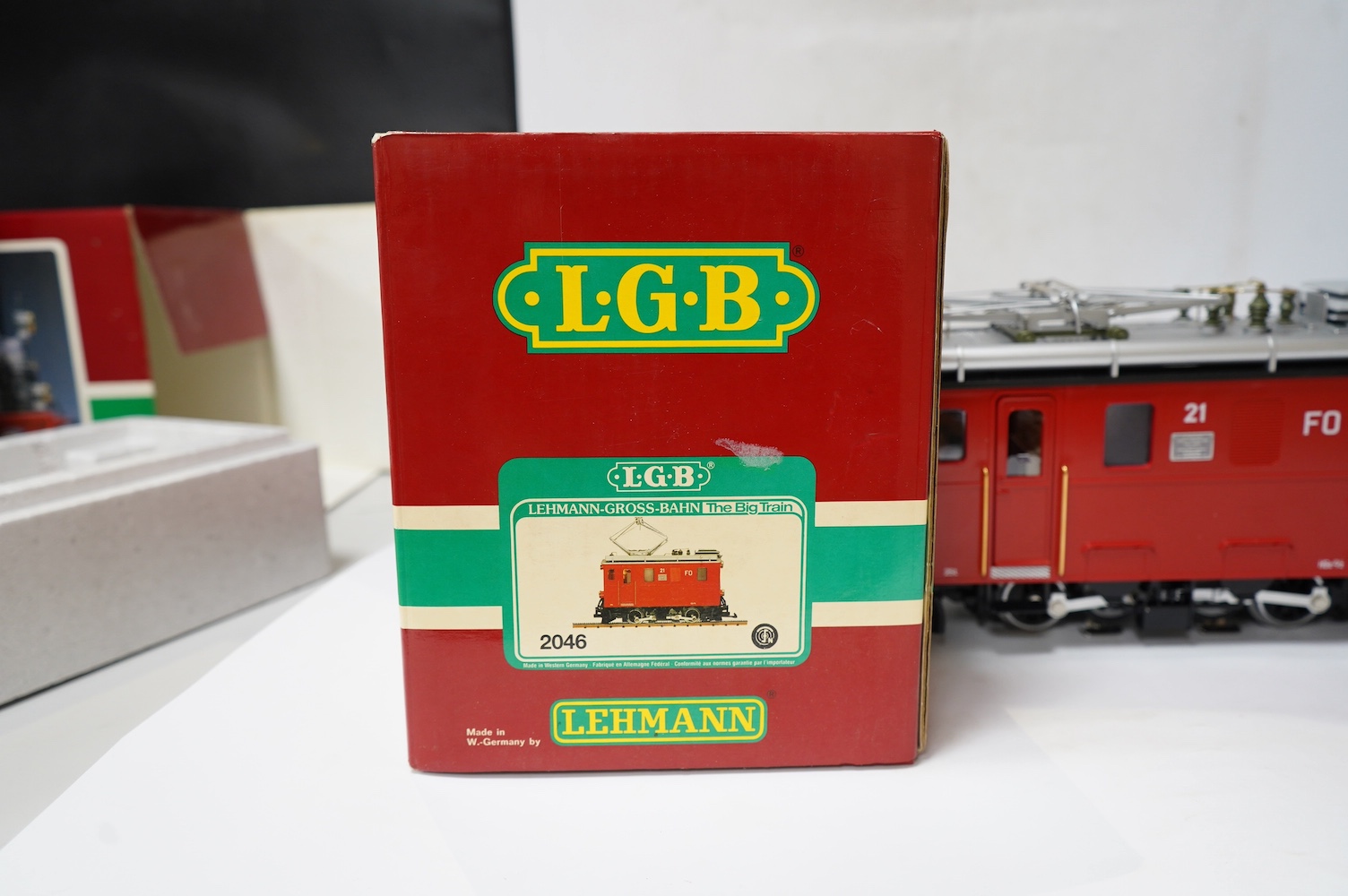 A boxed Lehman LGB (2046) G scale railway FO electric pantograph locomotive, 21, in red livery. Condition - good, evidence of very minor running wear only.